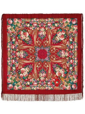 Павлопосадский шерстяной платок с шелковой бахромой «Именинница», рисунок 1446-5